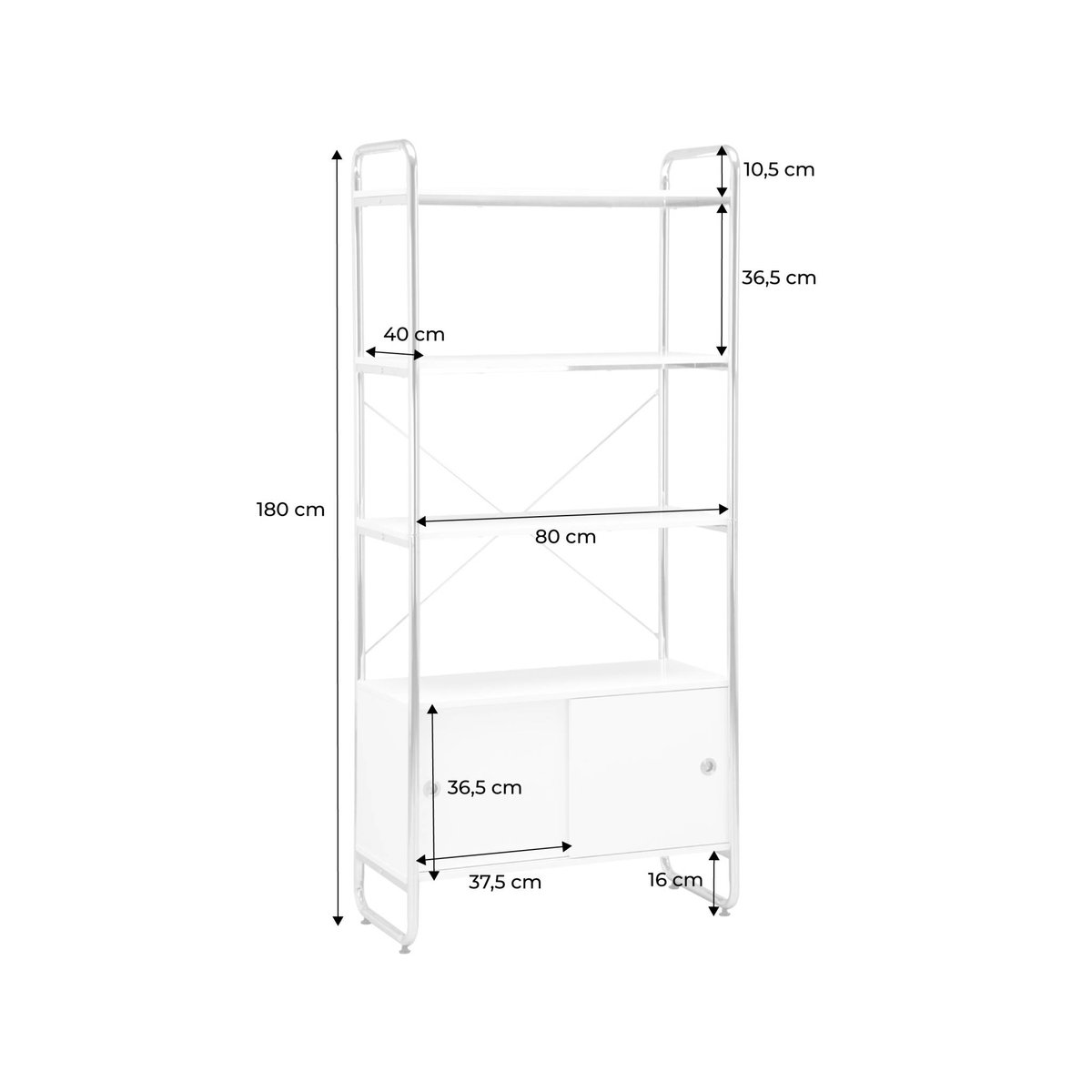Etagère bibliothèque métal chromé et décor bois 2 portes coulissantes 5 niveaux LENNOX blanc, SWEEEK