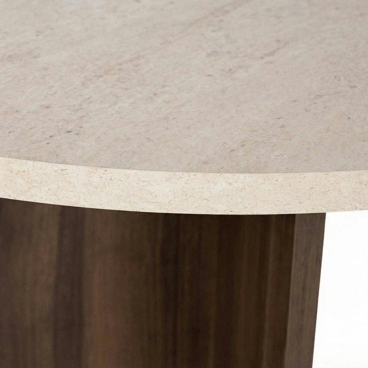 Table ronde moderne pied trapèze MARFA travertin / noyer, PIER IMPORT
