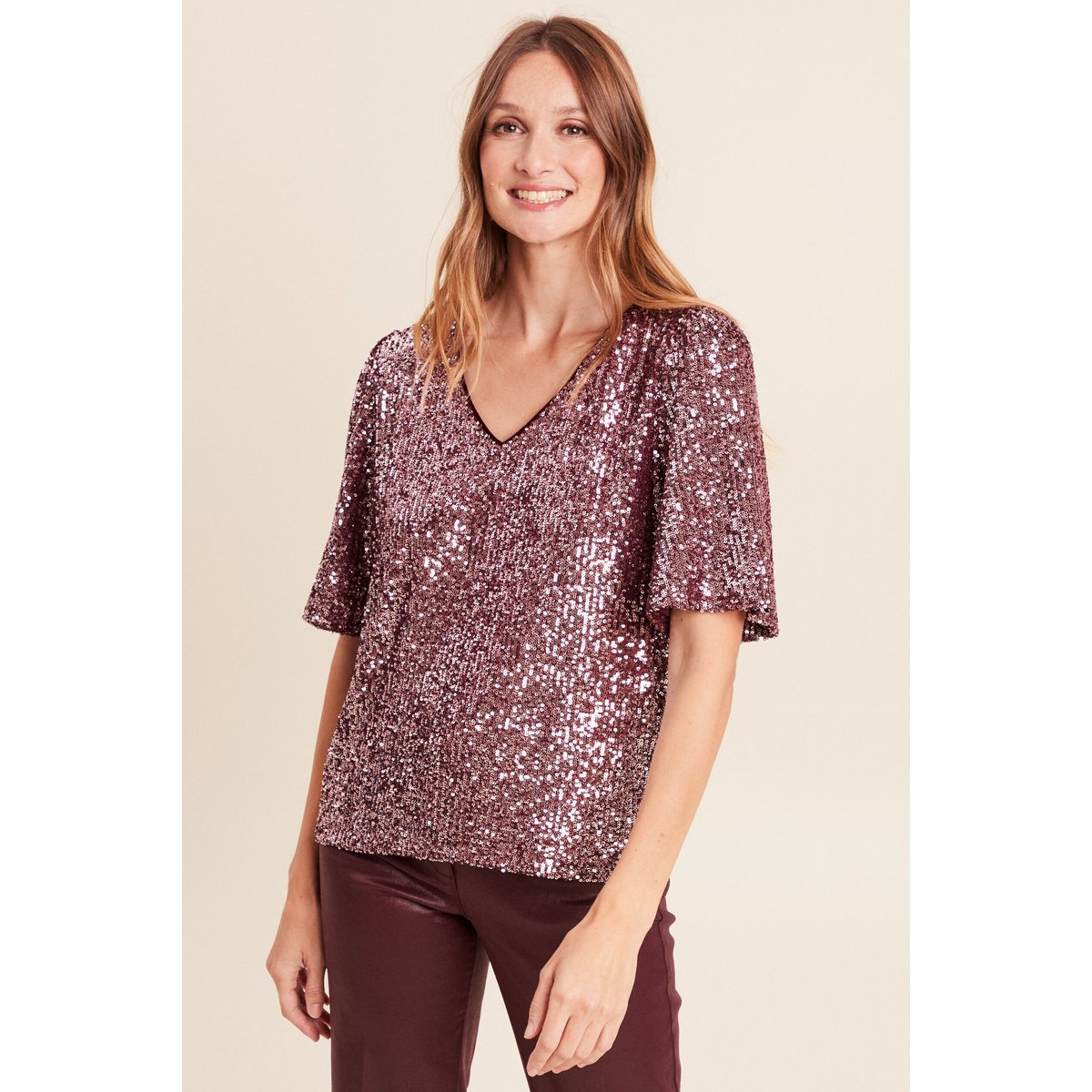 Blouse à sequins manches coudes doublée bordeaux, BREAL