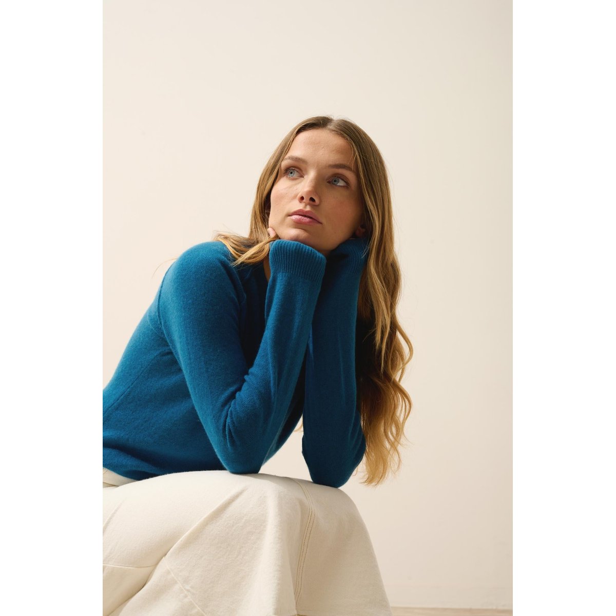 Pull Col Rond Paon Helen bleu vert, JUST CASHMERE