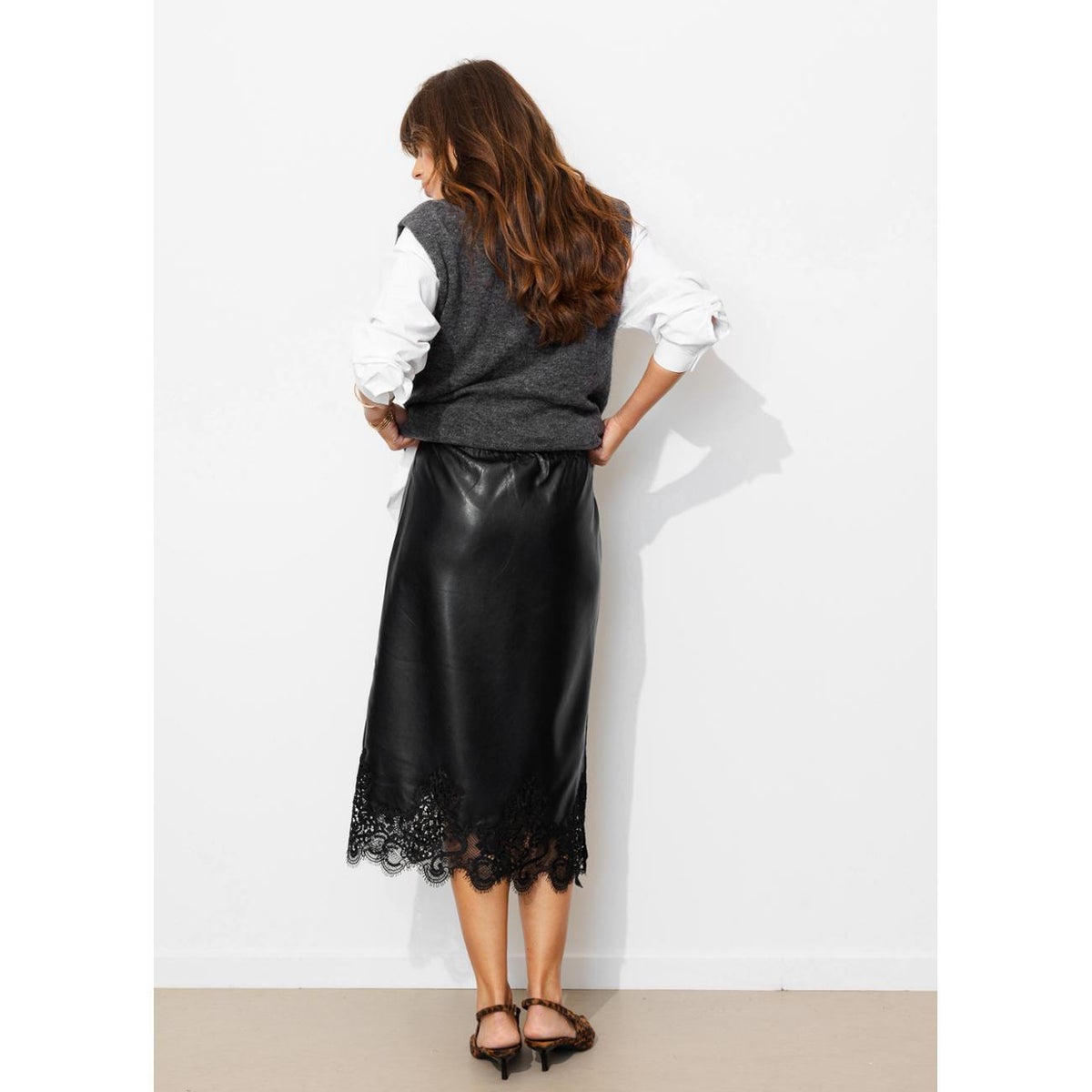 Jupe midi simili et dentelle noir, PROMOD