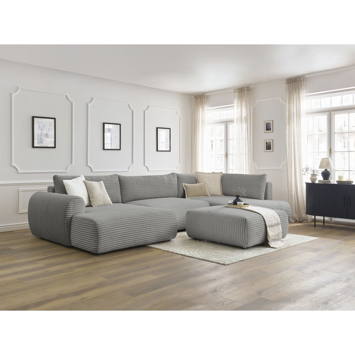 Canapé panoramique convertible 6 places en gros côtelé doux avec pouf, LUCIEN gris foncé, BOBOCHIC