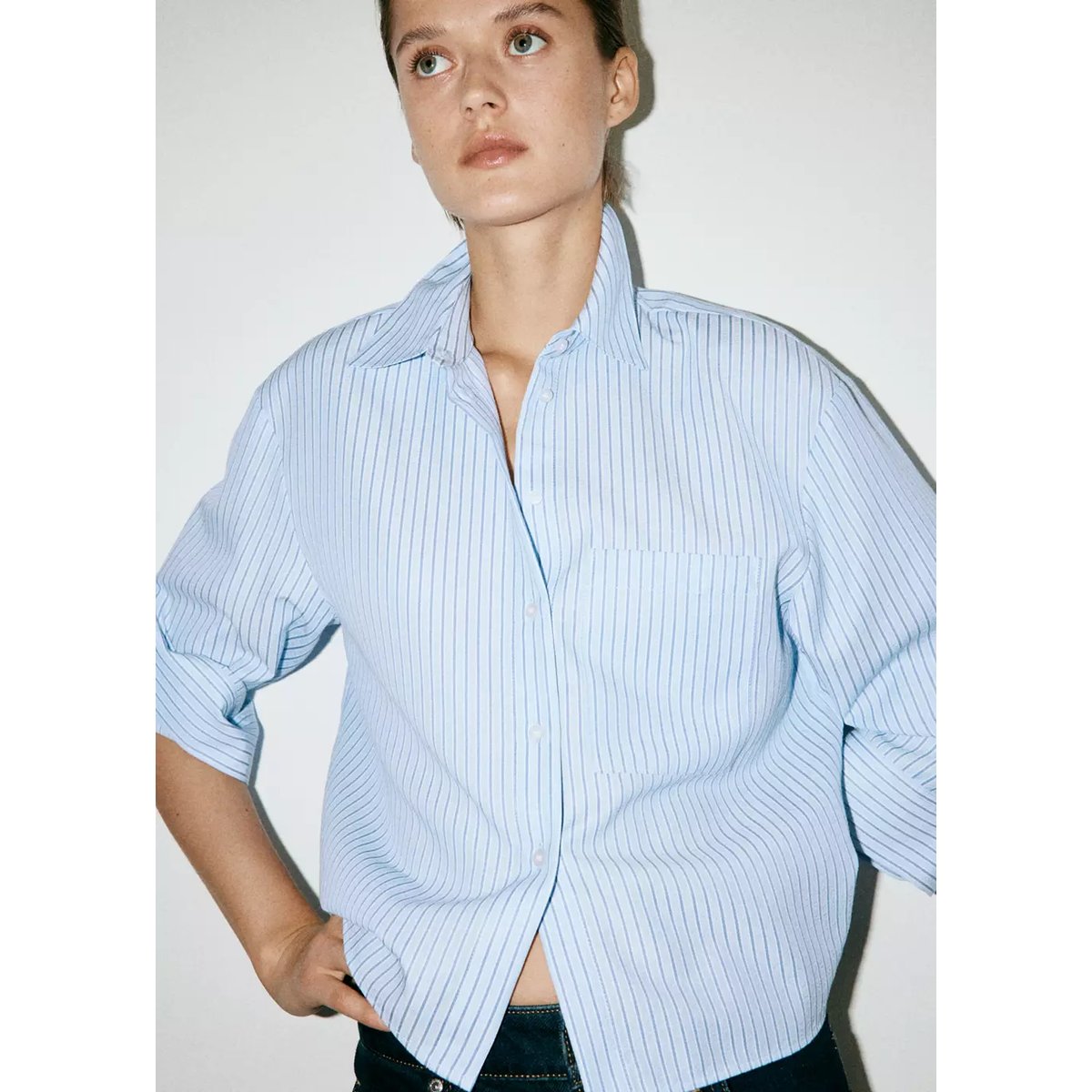 Chemise droite rayures bleu ciel, MANGO
