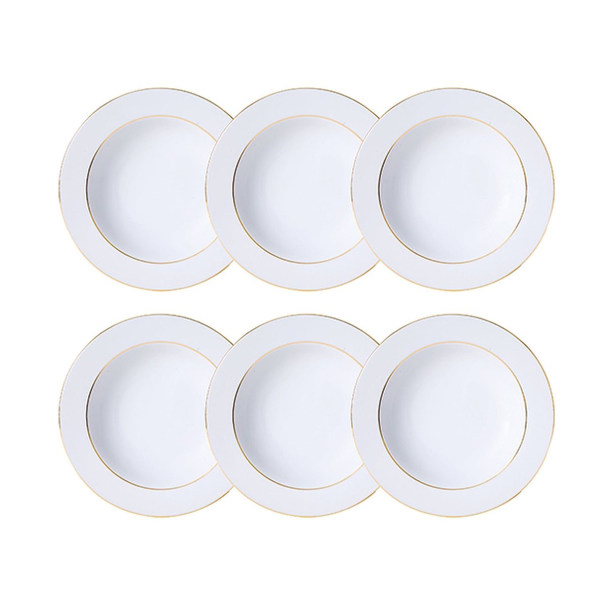 Lot de 6 assiettes creuses 22,5cm en porcelaine, CLASSIC FILET OR blanc et or, NOVASTYL