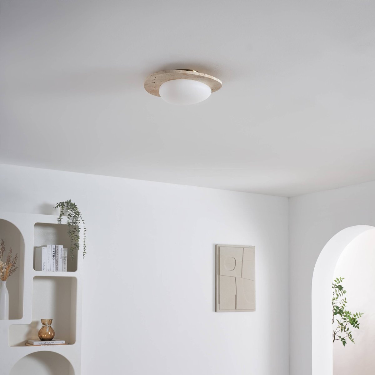 Plafonnier LED travertin naturel - NYMÉRIA beige, blanc et laiton, KOSILUM