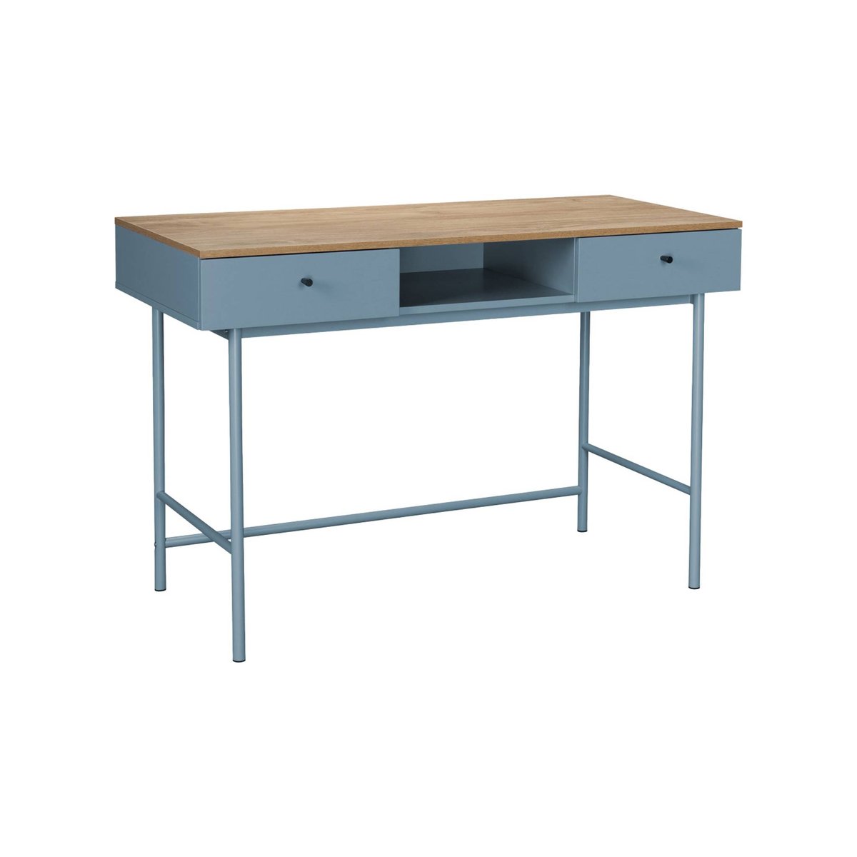 Bureau décor bois et fer 2 tiroirs 1 casier WILLIAM bleu, SWEEEK