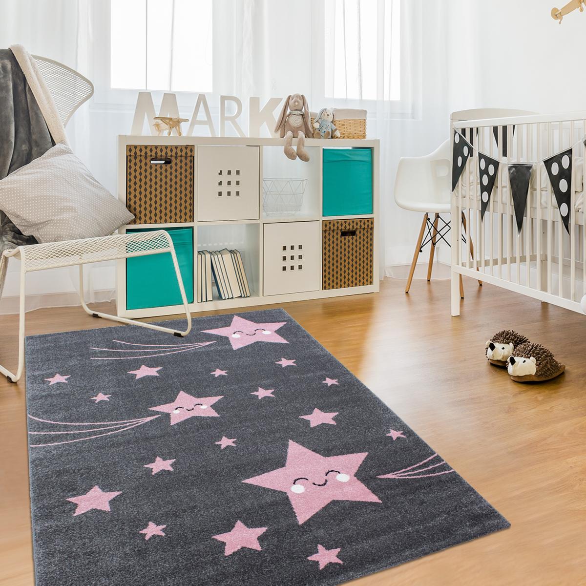 Tapis enfant tissé KID STARS rose, gris, UN AMOUR DE TAPIS
