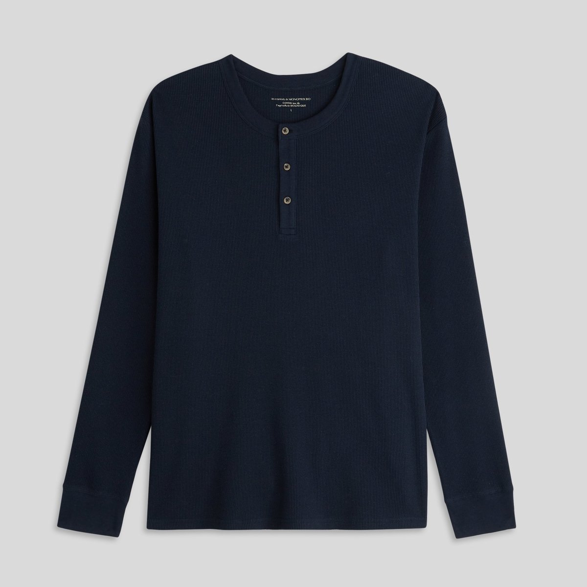 Tee-shirt manches longues col tunisien en coton BIO marine, MONOPRIX