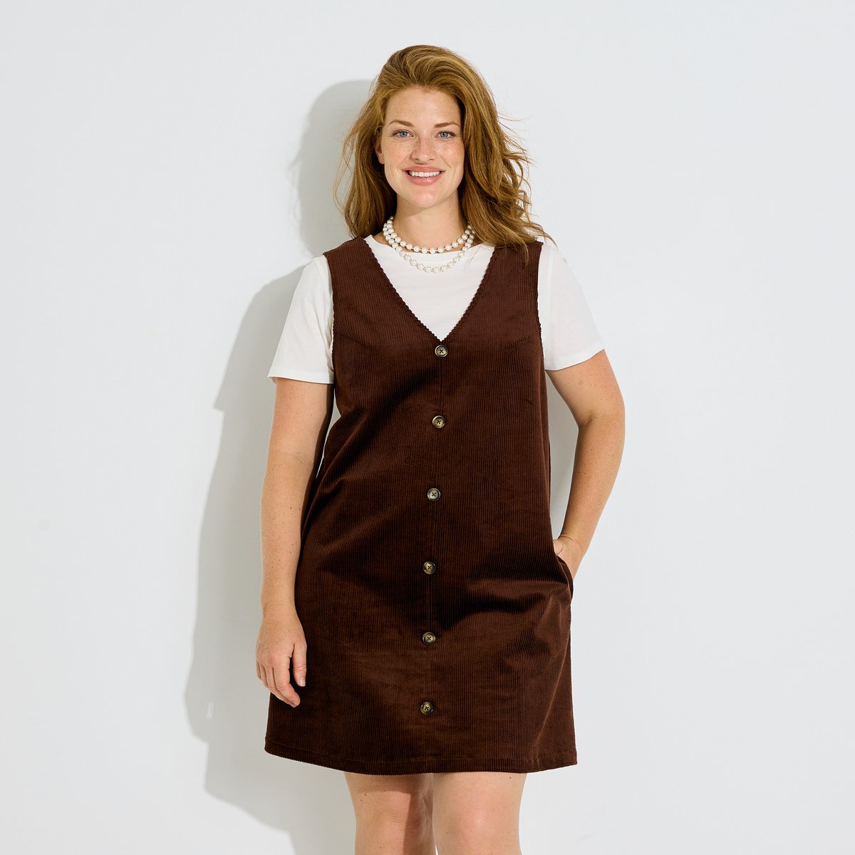 Robe chasuble velours côtelé col V marron, GRAIN DE MALICE