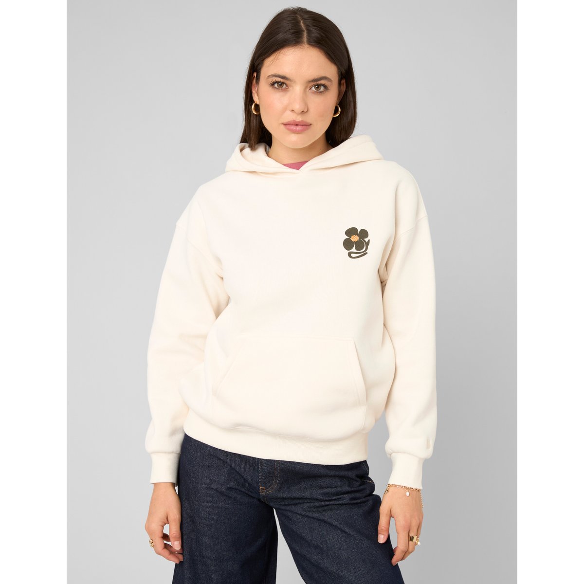 Sweat à capuche imprimé devant / dos blanc écru, BZB