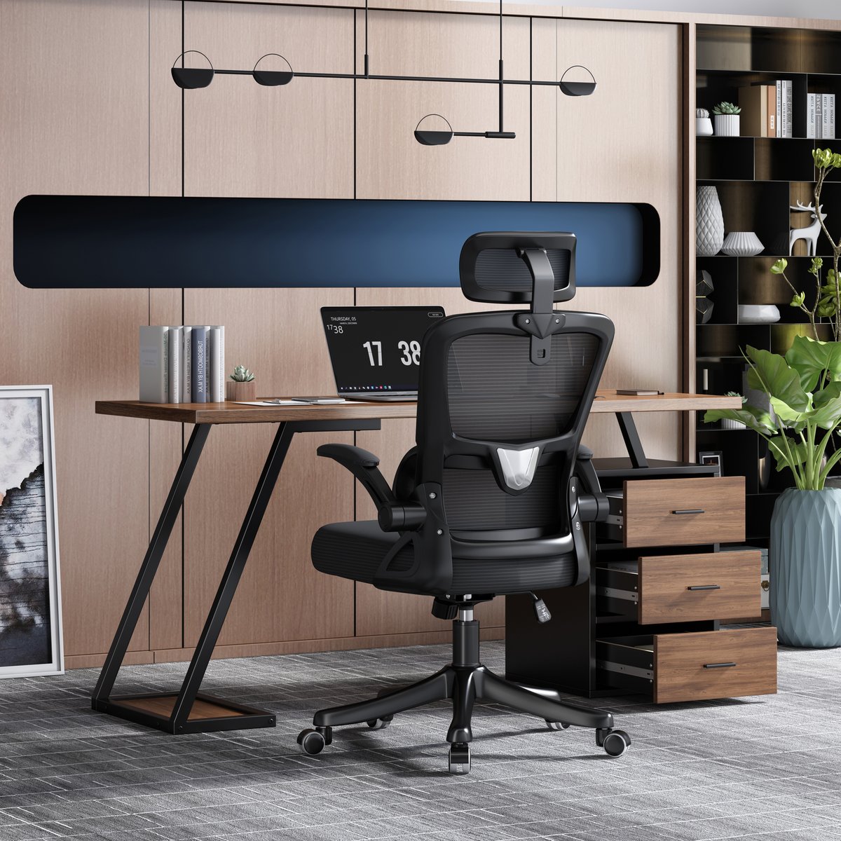 Bureau style industriel avec 3 tiroirs et 1 étagère intégrée, JO noyer, MEUBLES COSY