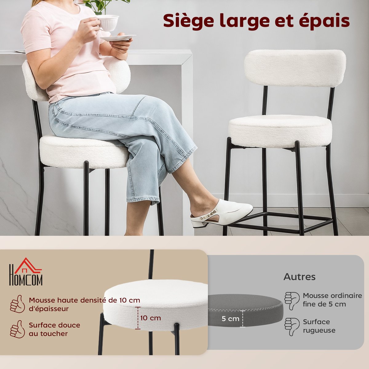 Tabouret de bar Tissu bouclette Crème crème, HOMCOM