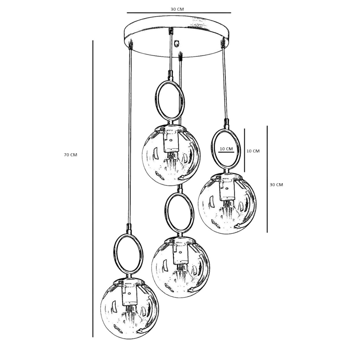 Suspension grappe 5 globes blancs avec anneaux SIERRE doré, PIER IMPORT