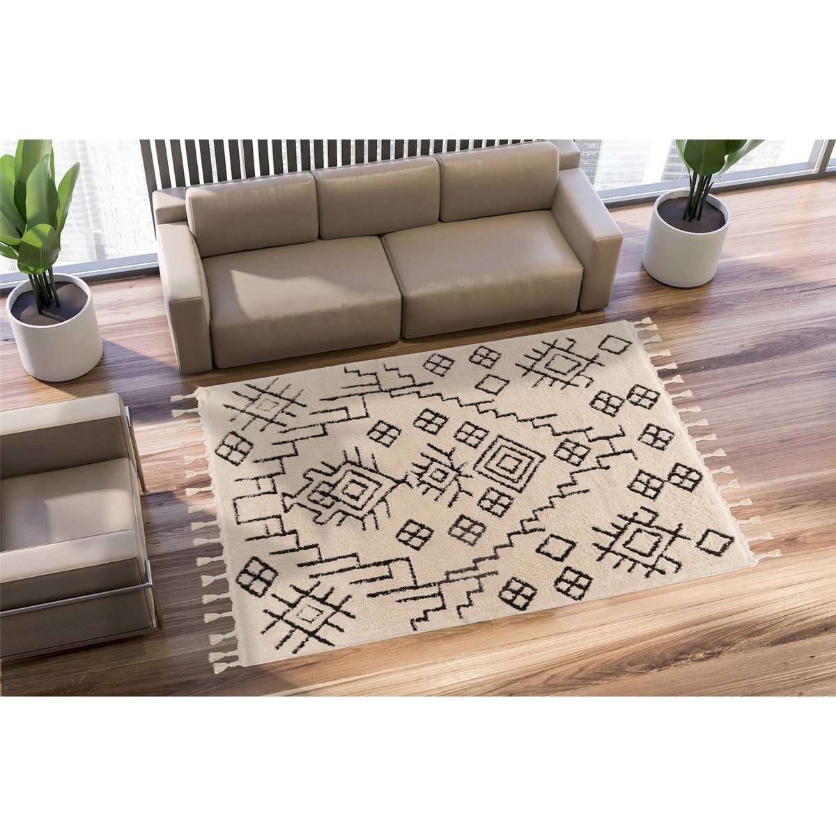 Tapis rectangulaire à poils hauts, Loris blanc crème à motifs noirs, ARTE ESPINA