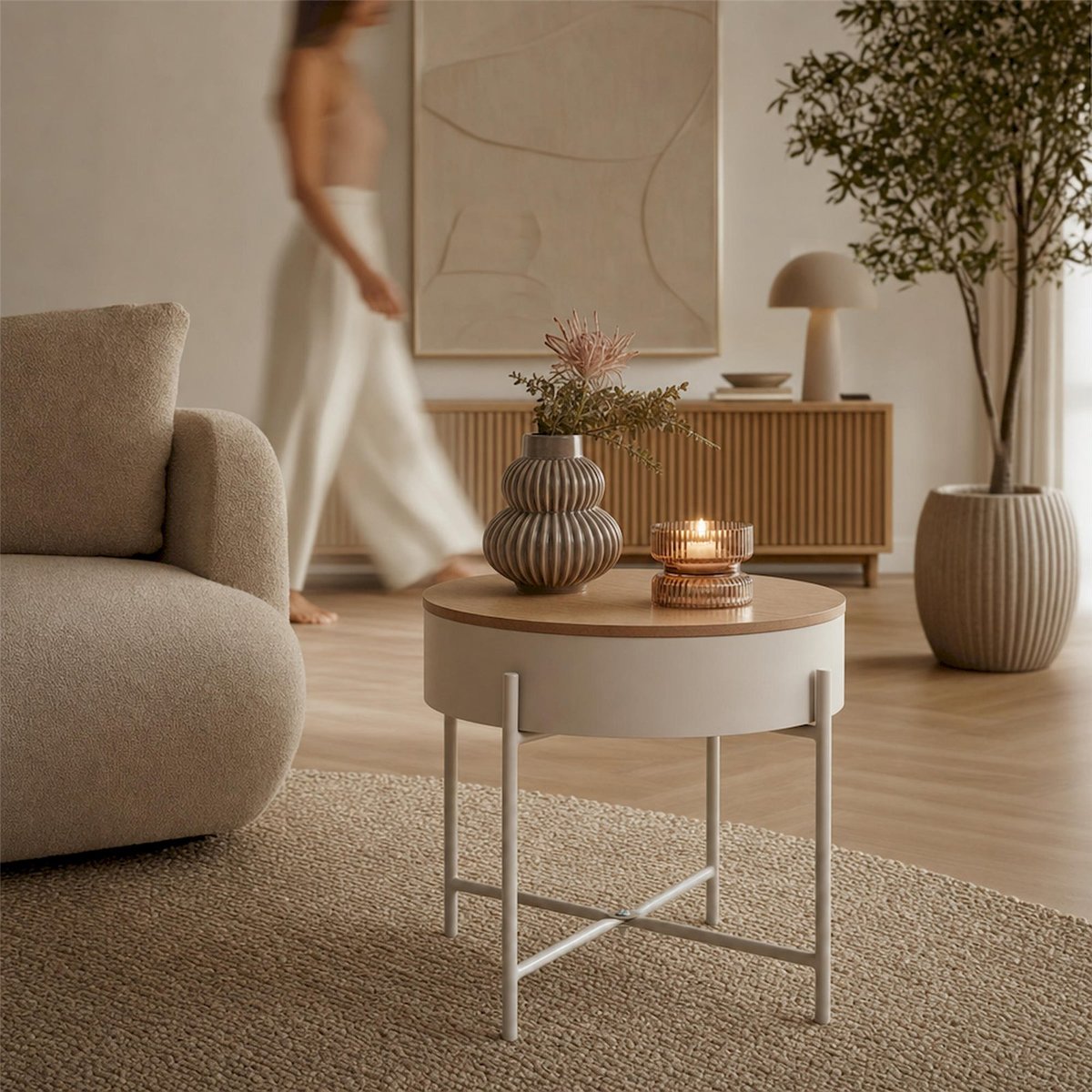 Table basse ronde métal avec rangement beige clair et chêne, RECOLLECTION