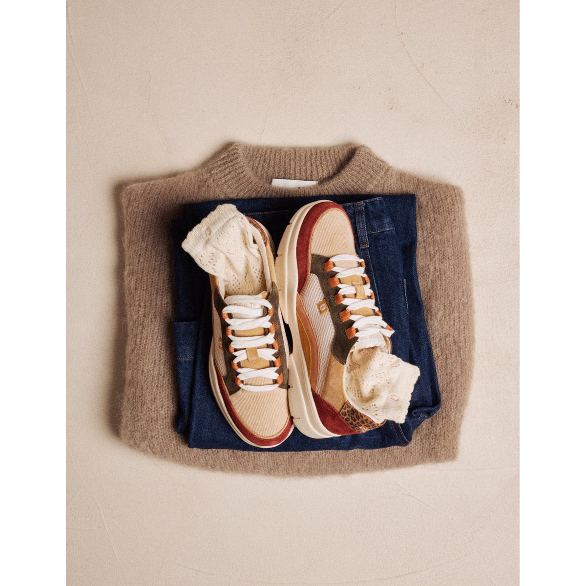 Baskets basses LAURA bordeaux crème kaki, ODAJE
