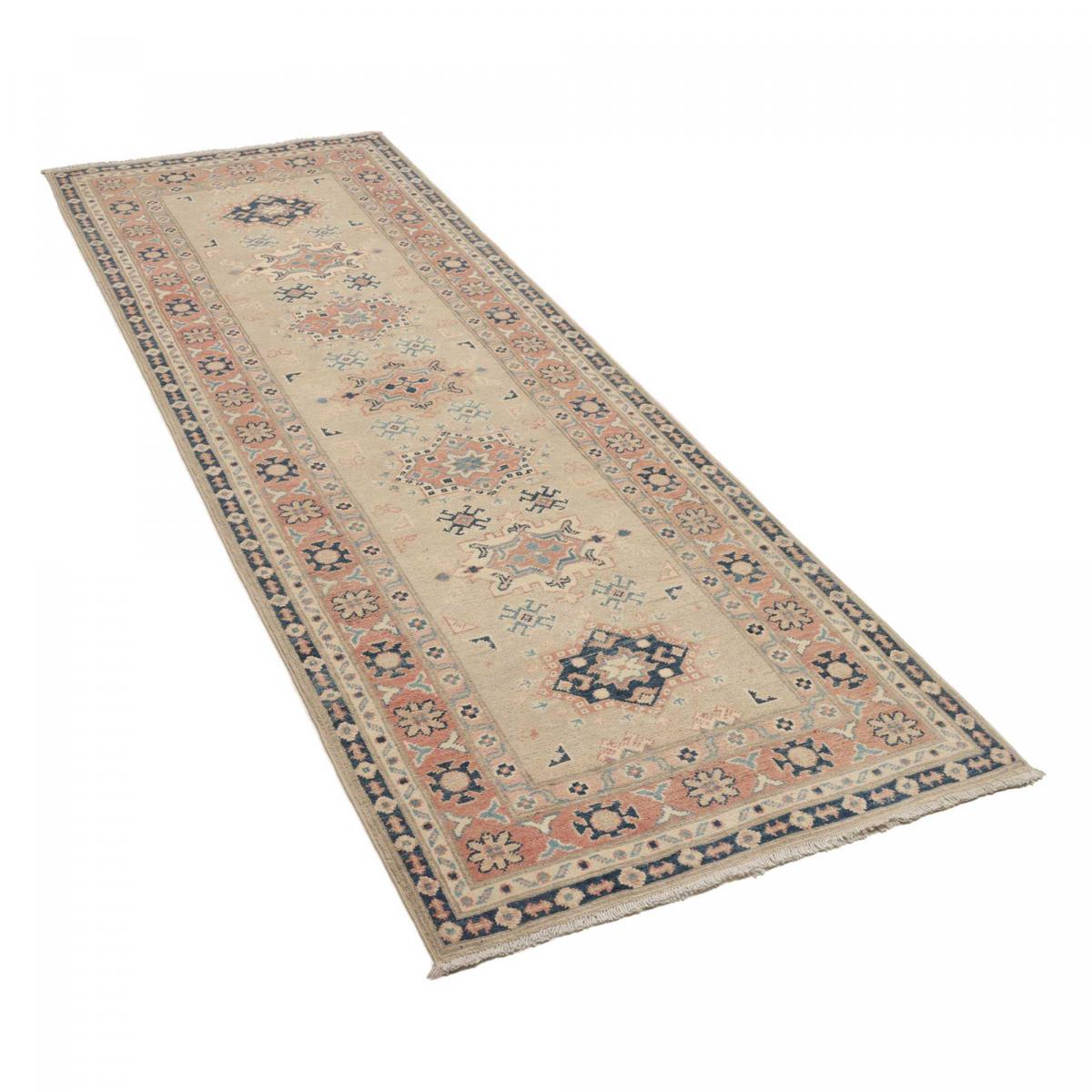 Tapis salon géométrique, noué main en laine, KAZAK CO 58 beige, rose, bleu, UN AMOUR DE TAPIS