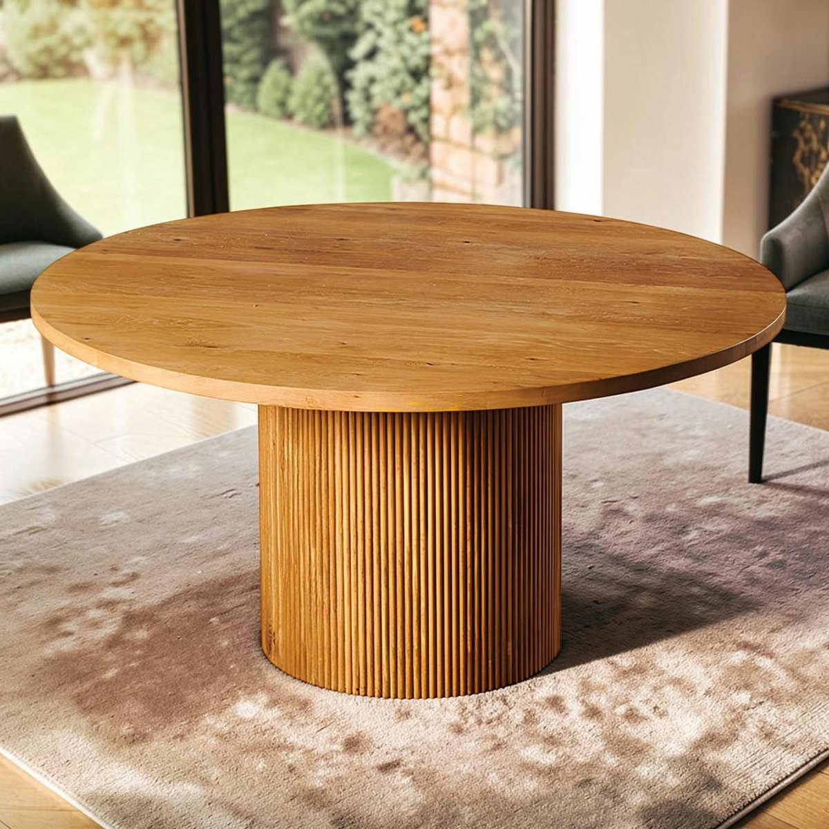 Table à manger ronde chêne clair pied rainuré Ø150 cm IENA bois naturel, PIER IMPORT