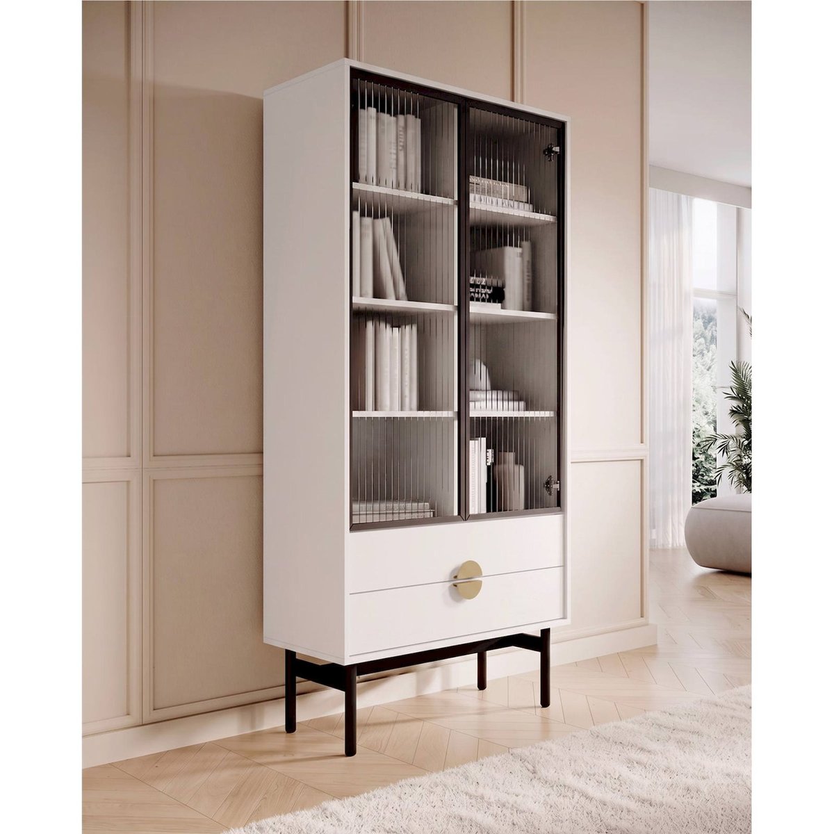 Vitrine haute 2 portes 2 tiroirs STOON blanc, RECOLLECTION