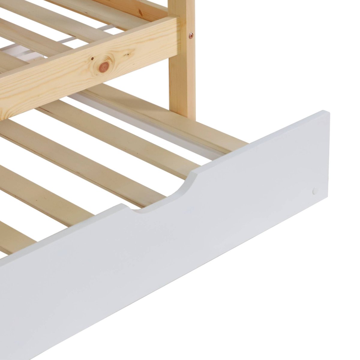 Lit enfant superposé cabane 90 x 190 cm pin naturel avec lit tiroir ROYA blanc, SWEEEK