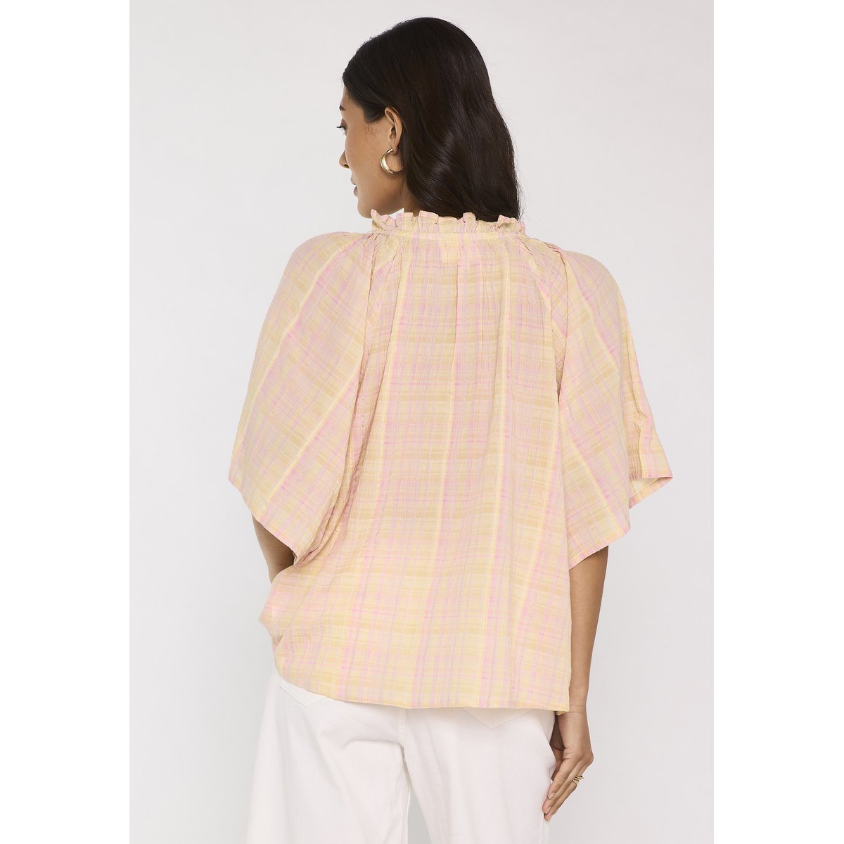 Blouse manches courtes à carreaux en coton MADDY paille, Maison 123
