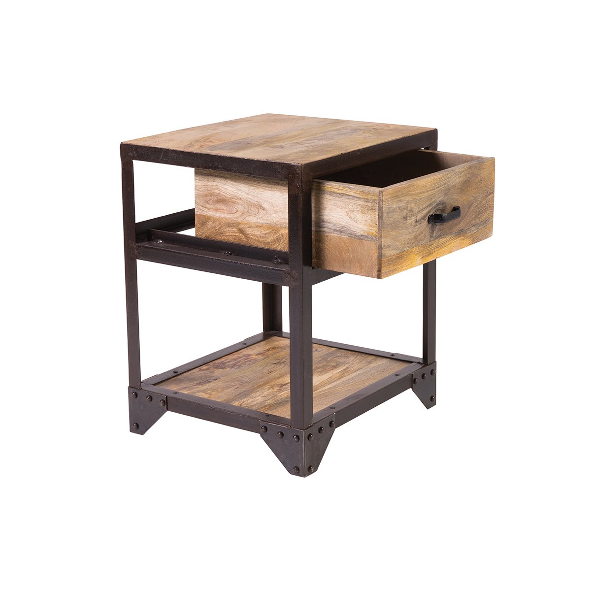 Table de chevet avec tiroir industrielle en bois manguier massif INDUSTRIA bois clair / noir, MILIBOO