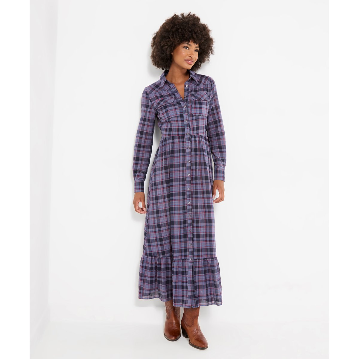 Robe Longue à Carreaux Boutonnée Western bleu, JOE BROWNS