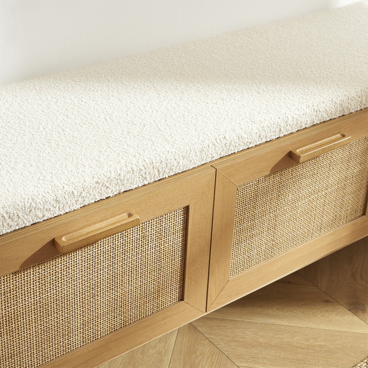 Banc d'entrée avec rangement à chaussures en bois et cannage L140cm- JUNE bois clair, DRAWER