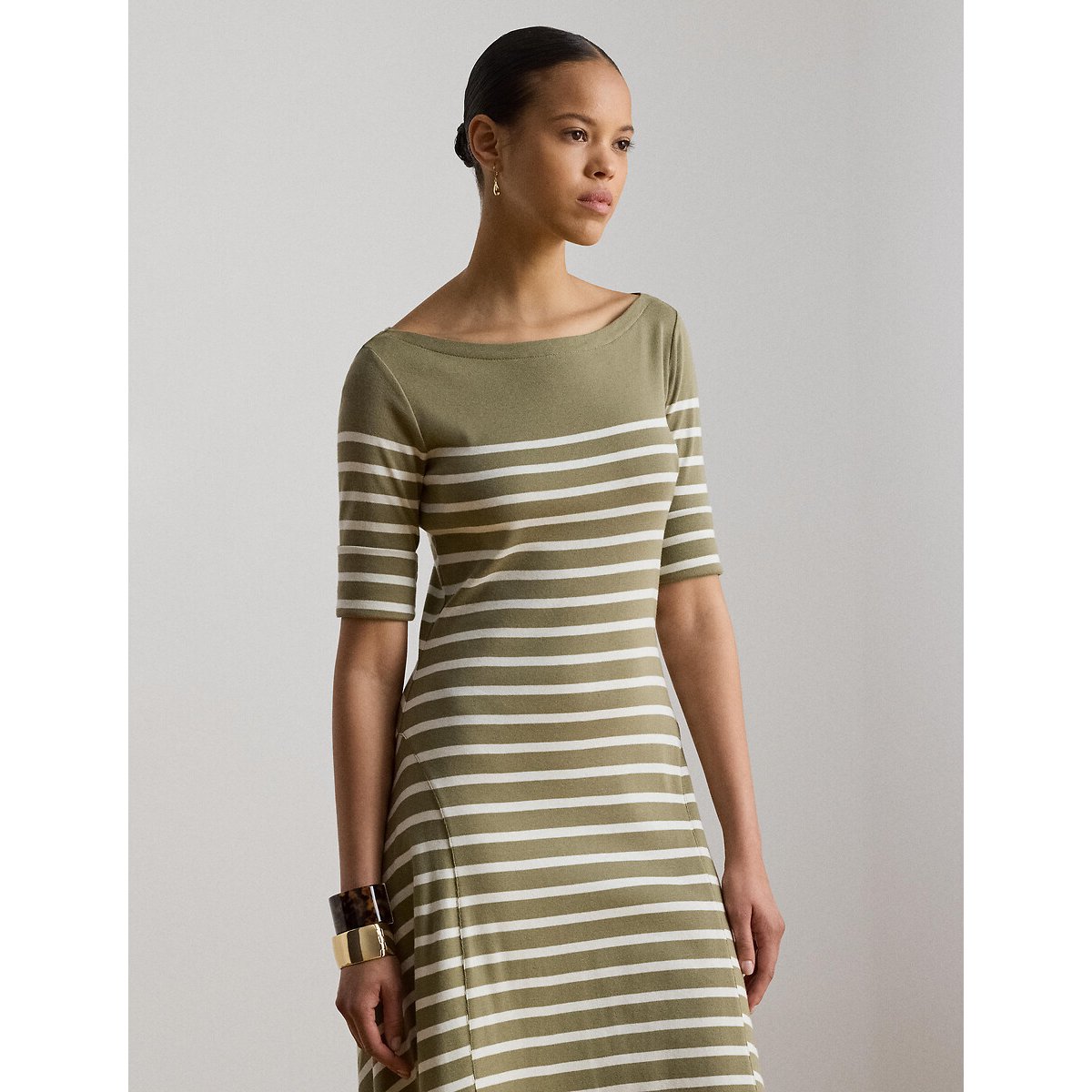 Robe midi, manches courtes, à rayures vert clair, LAUREN RALPH LAUREN