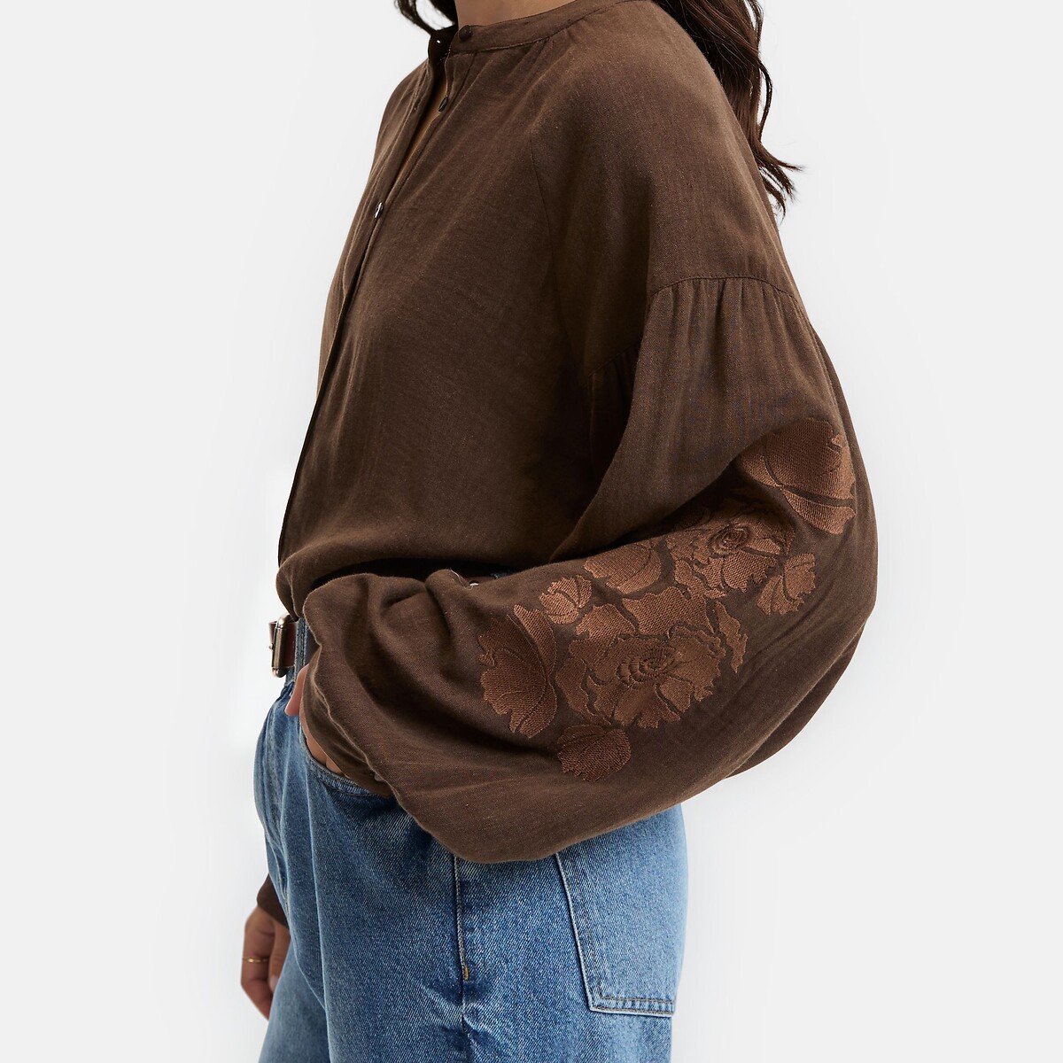 Blusa de gola redonda com mangas compridas bordadas castanho, LA REDOUTE COLLECTIONS