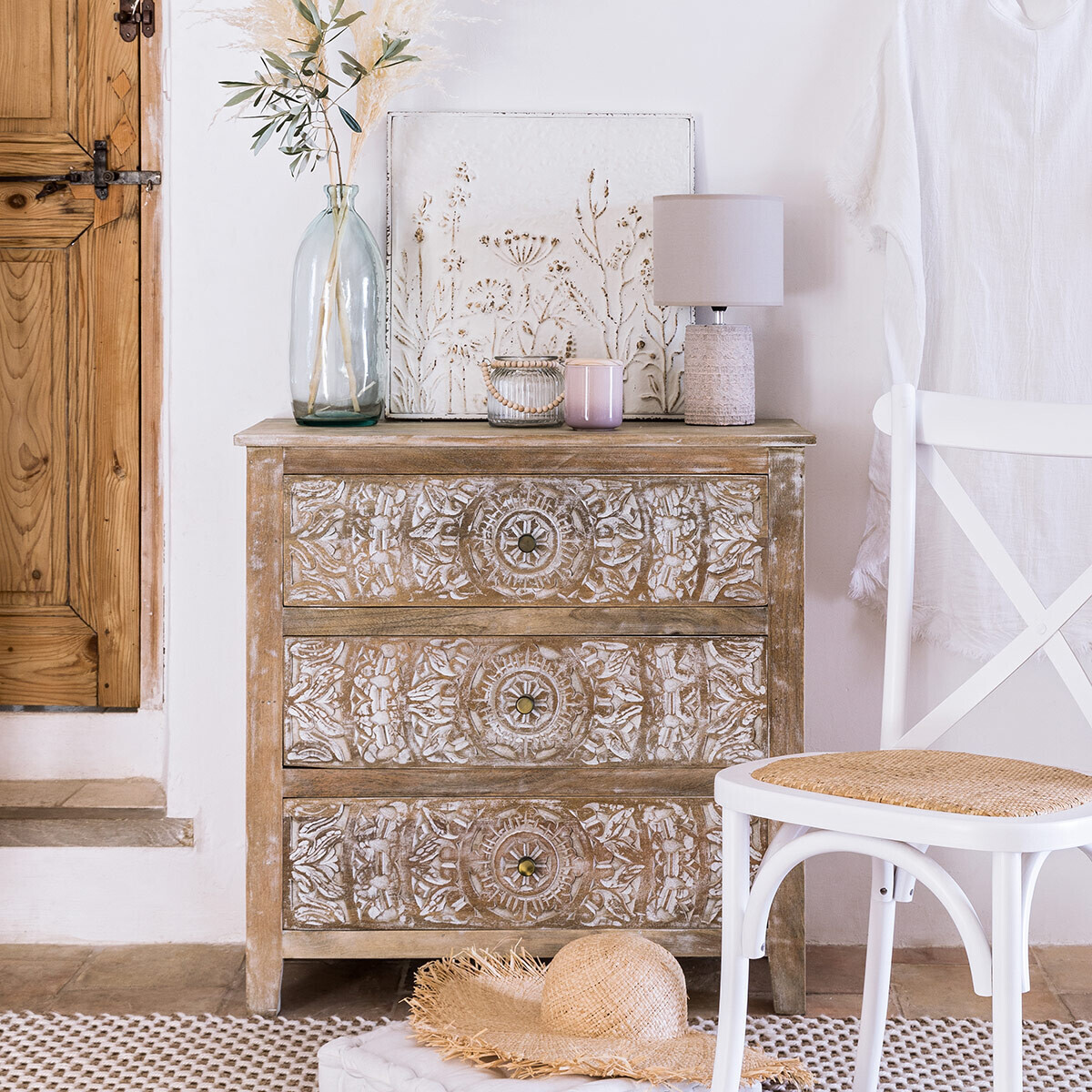 Commode 3 tiroirs bois de manguier SHIREL beige, ATMOSPHERA