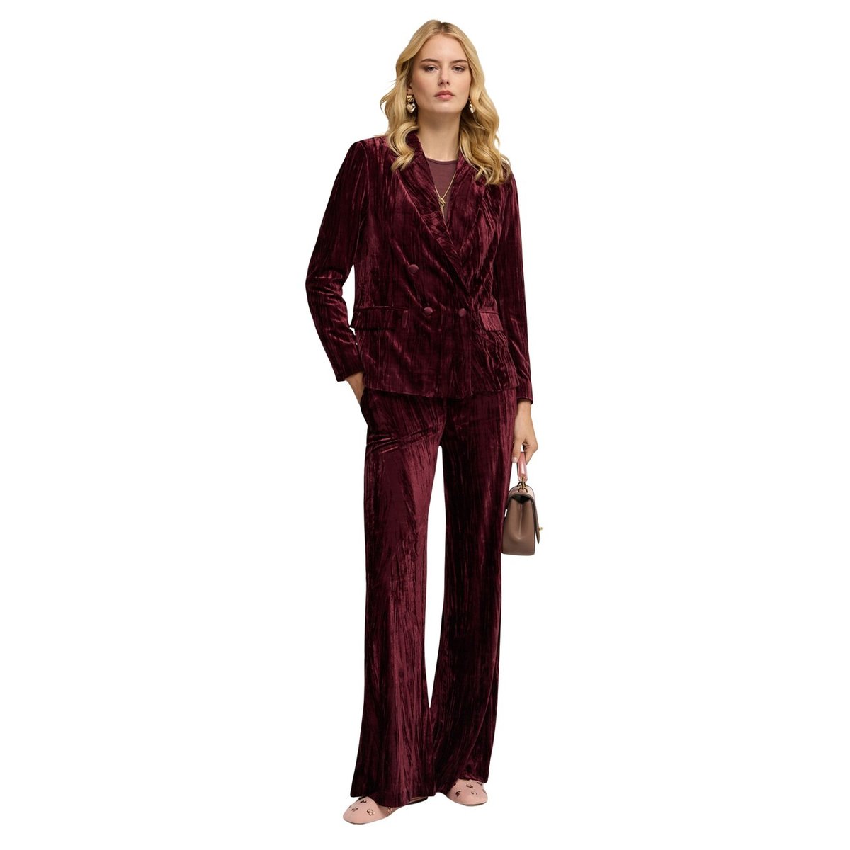 Pantalon palazzo en velours effet plissé burgundy, MOTIVI