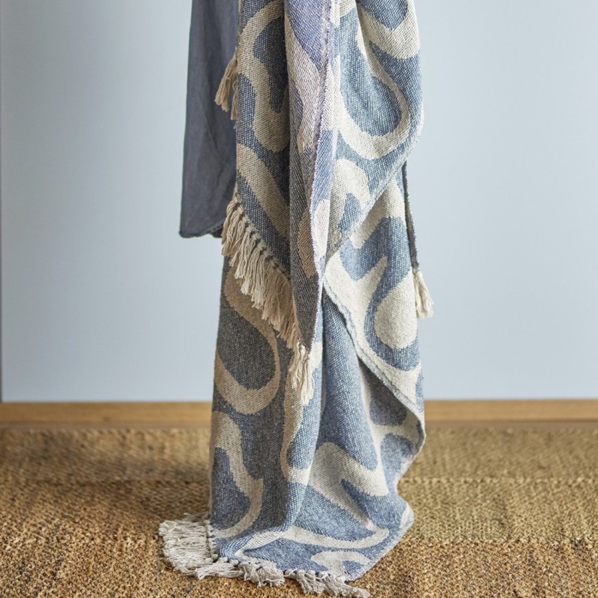 Plaid coton recyclé franges SALOBRE bleu clair, BLOOMINGVILLE