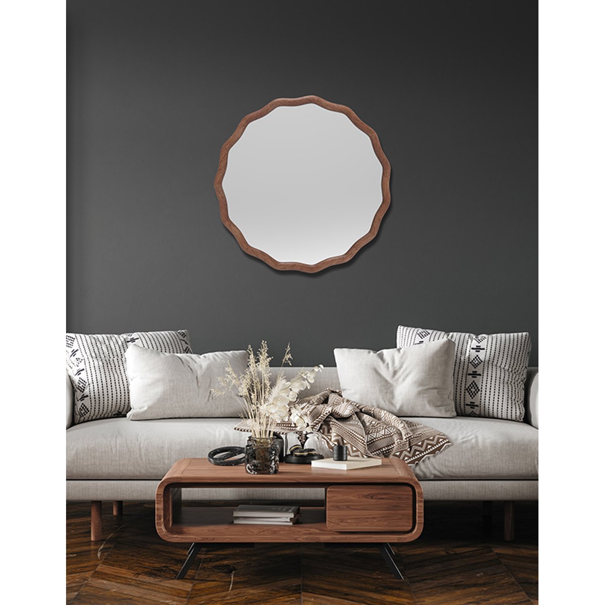 Miroir bois ondulé 60cm marron, EMDE