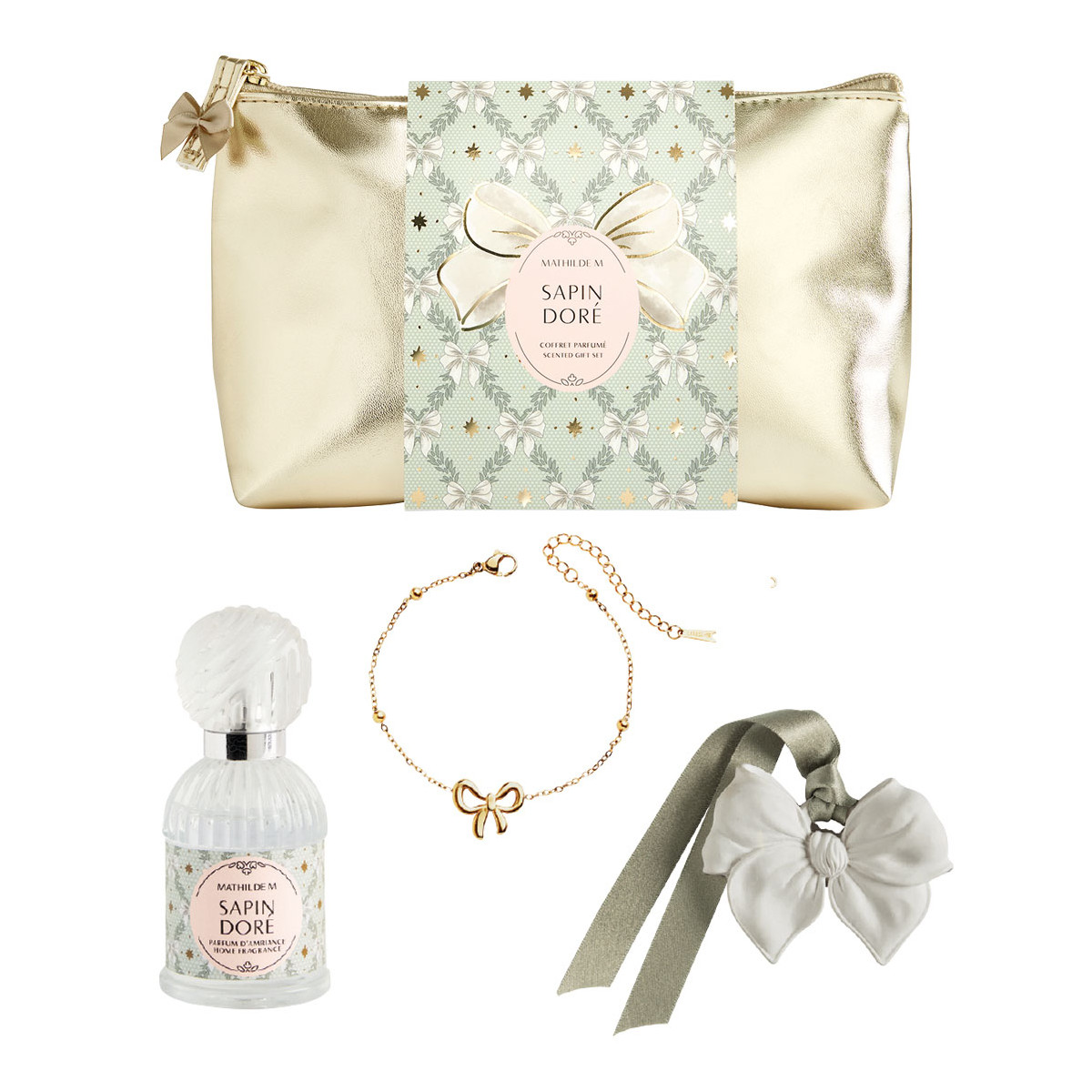 Pochette parfum, bracelet et décor parfumé Sapin Doré RUBANS DE FÊTE or, MATHILDE M