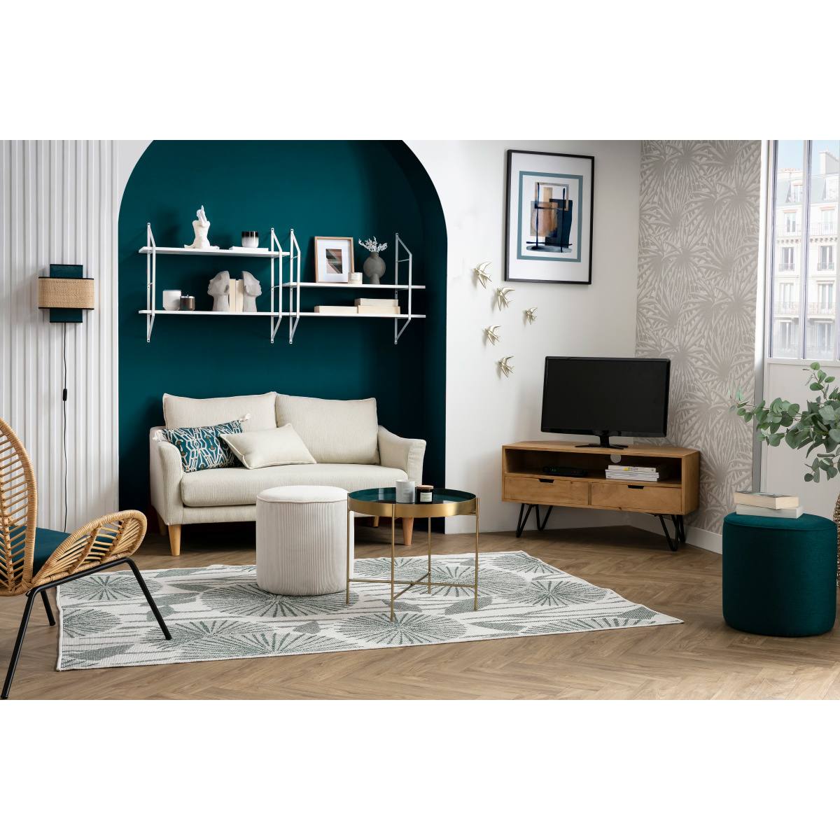 Meuble TV d'angle en bois manguier massif et métal noir L100 cm VIBES naturel, MILIBOO