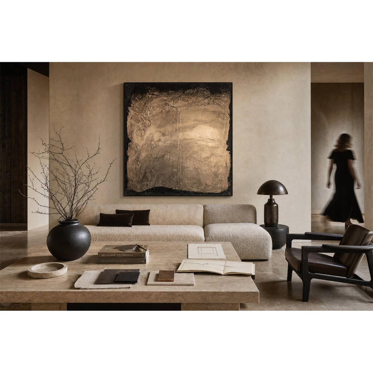 Tableau mural abstrait en bois doré et noir, RECOLLECTION