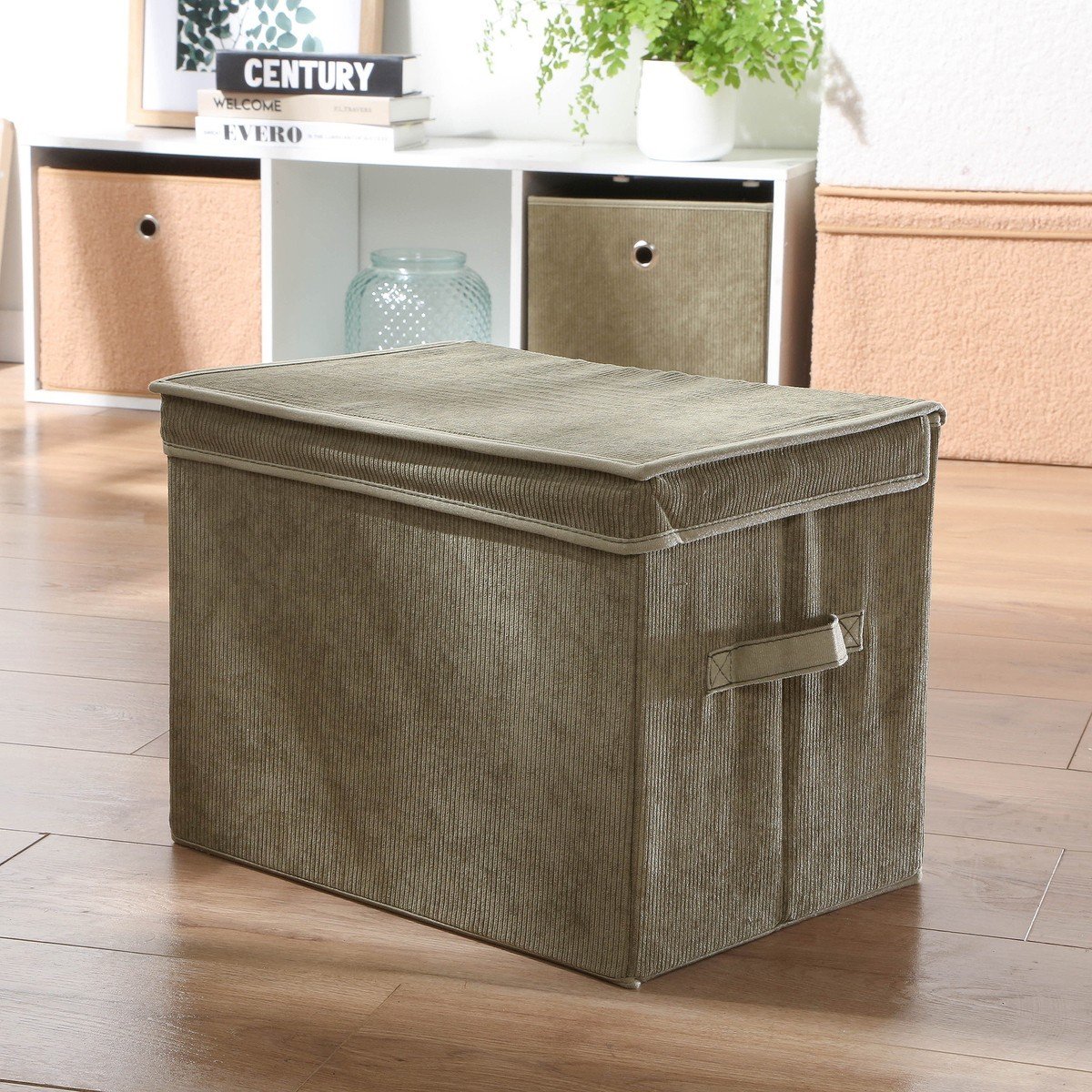 Boîte rangement haute avec couvercle tissu velours côtelé kaki - H30 cm vert kaki, CALICOSY