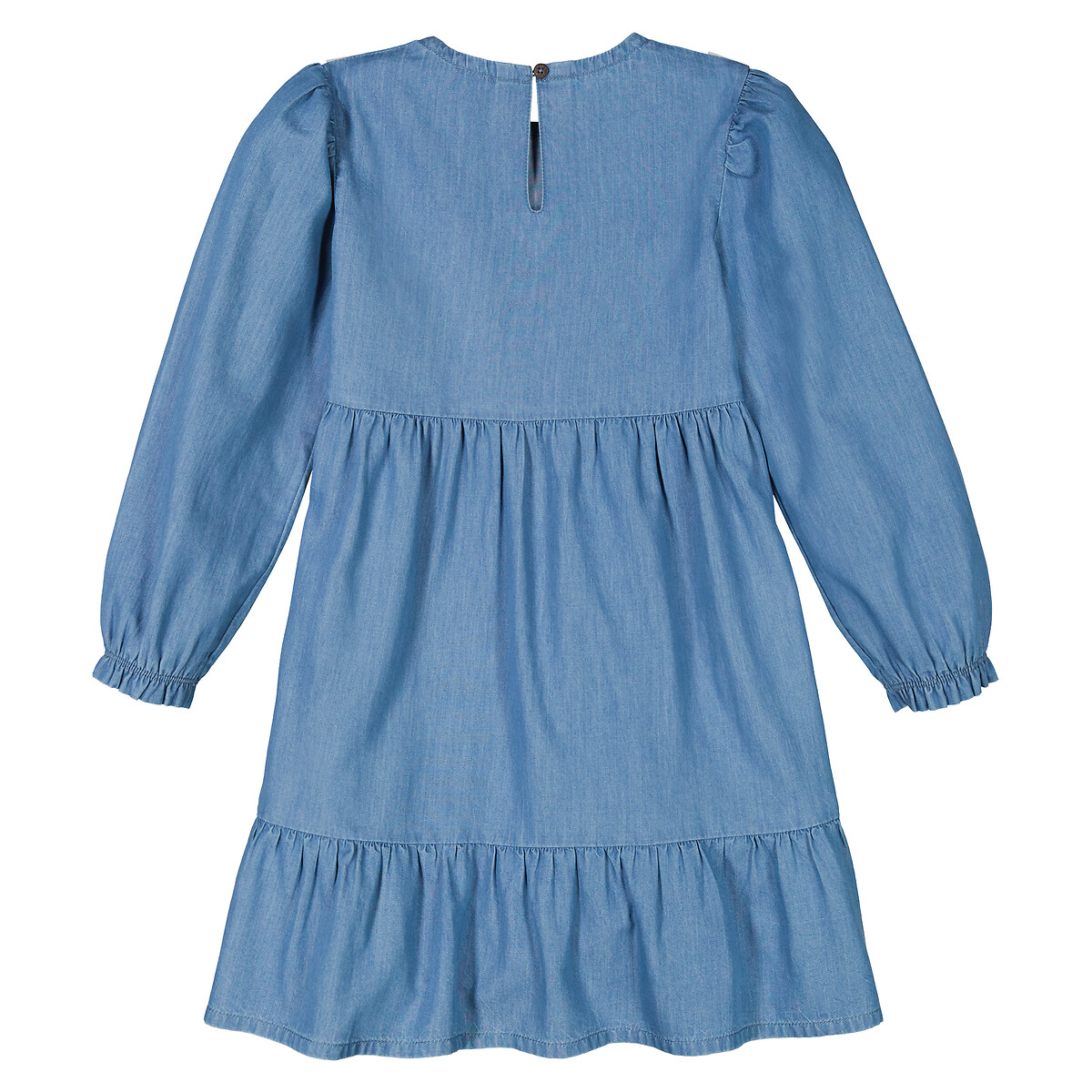 Lightweight Denim Ruffle Dress with Long Sleeves double stonewashed, LA REDOUTE COLLECTIONS