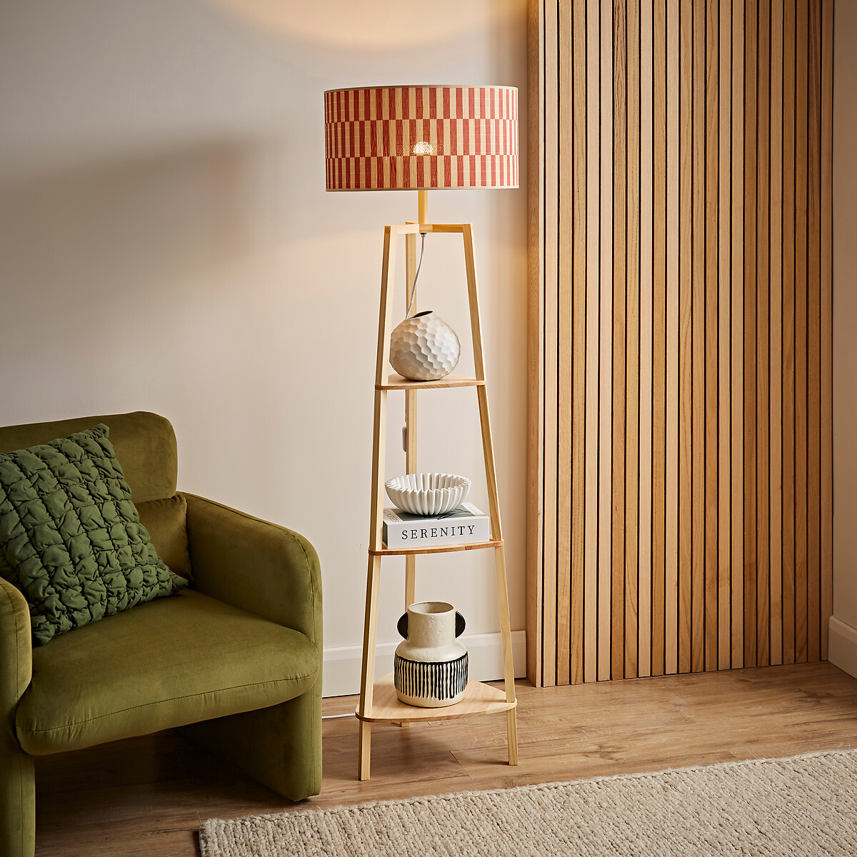 Hollis 3-Tier Shelf Tripod Floor Lamp with Orange Bamboo Shade orange, SO'HOME