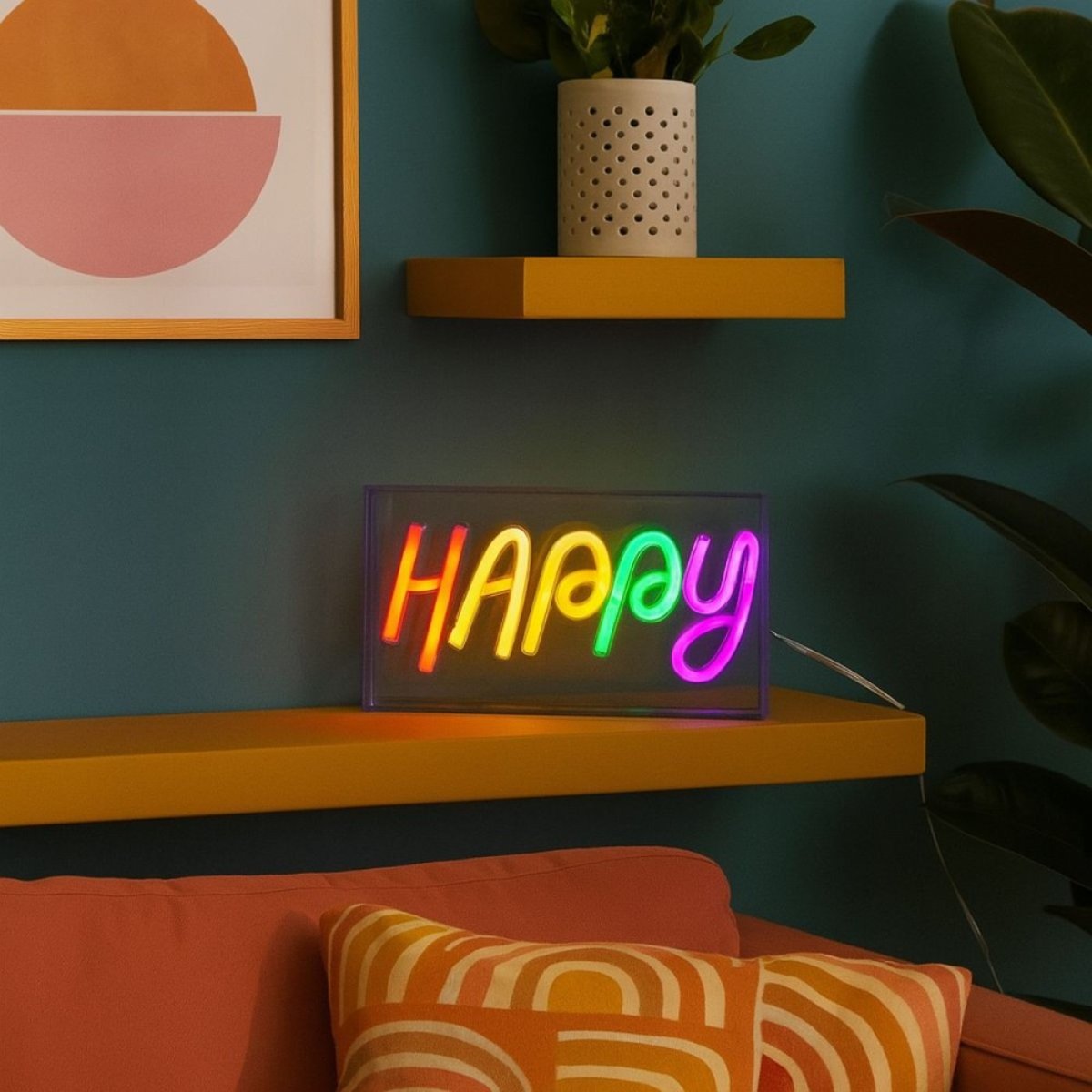 Cadre néon Happy multicolore 23x13cm gris, ORNAMI