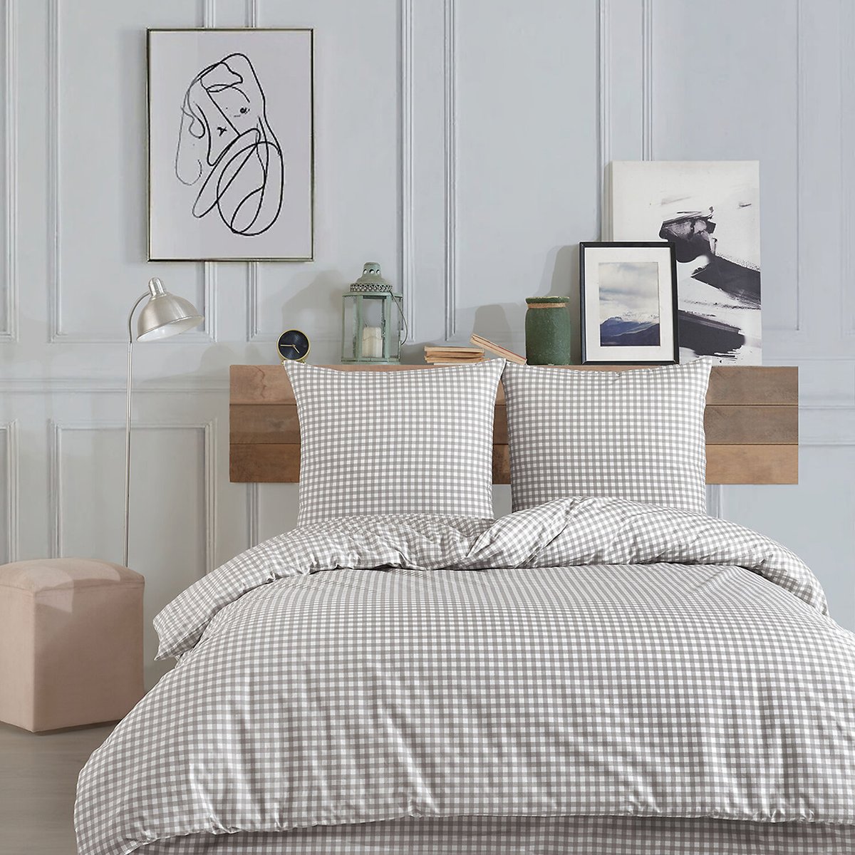 Parure Housse de couette 3 pcs 240x220 cm 100% coton 57 fils imprimé."Vichy gris" blanc / gris, C DESIGN HOME TEXTILE