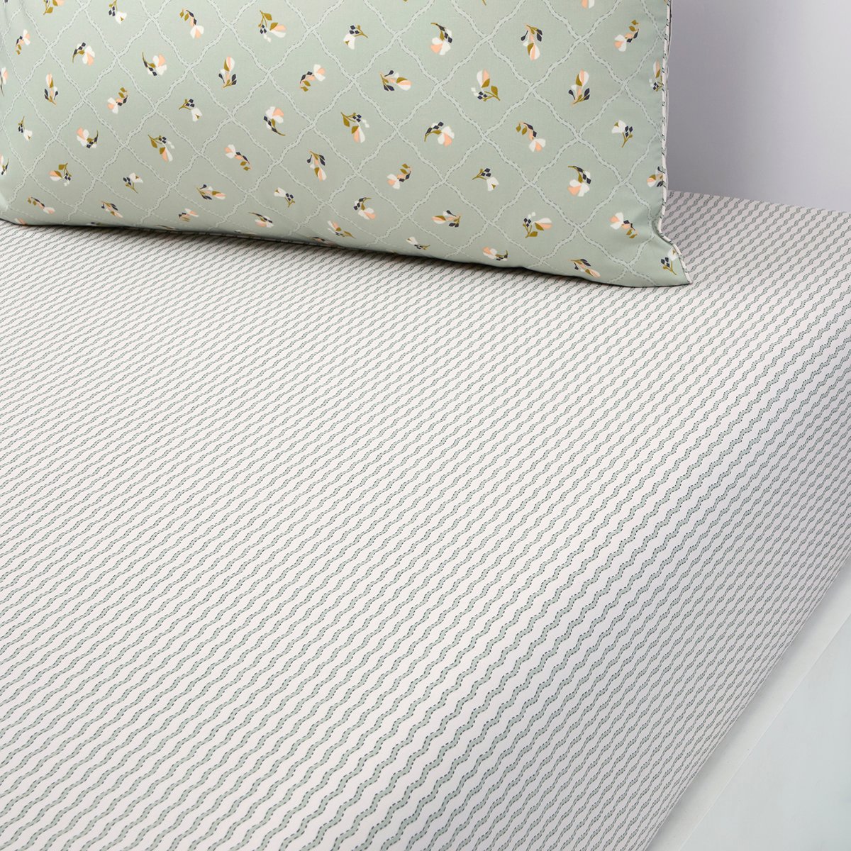 Drap housse en percale de coton vert, BERGAMOTE multicolore, DESFORGES