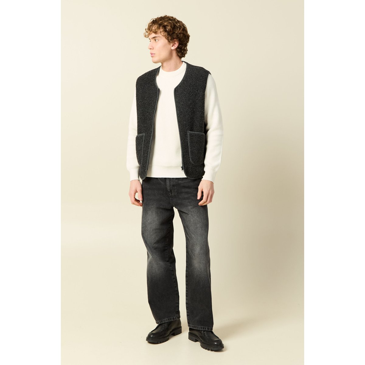 Pull fin manches longues col rond ecru, BONOBO