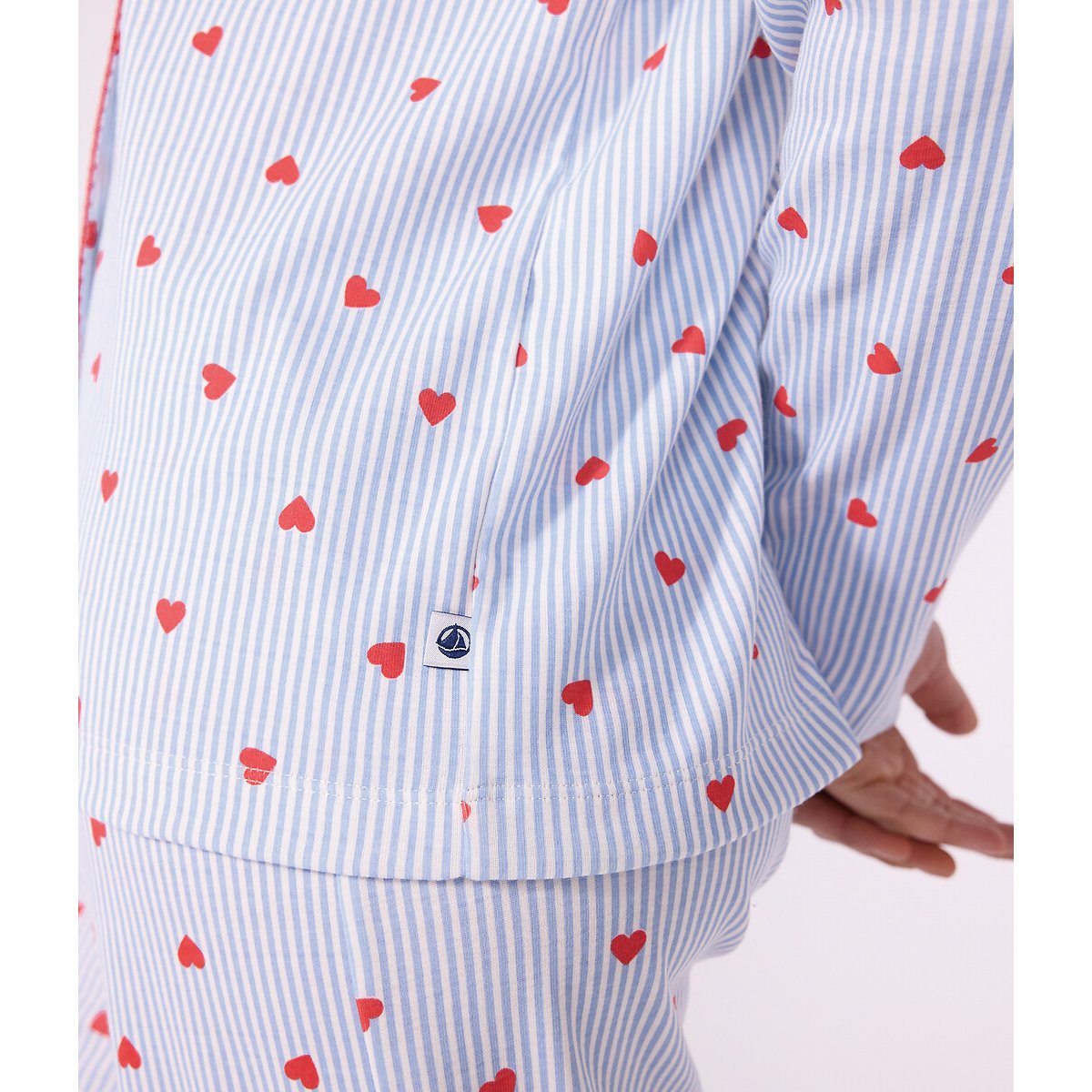 Pijama de 2 piezas, algodón, estampado de rayas y corazones rayas blanco azul, PETIT BATEAU
