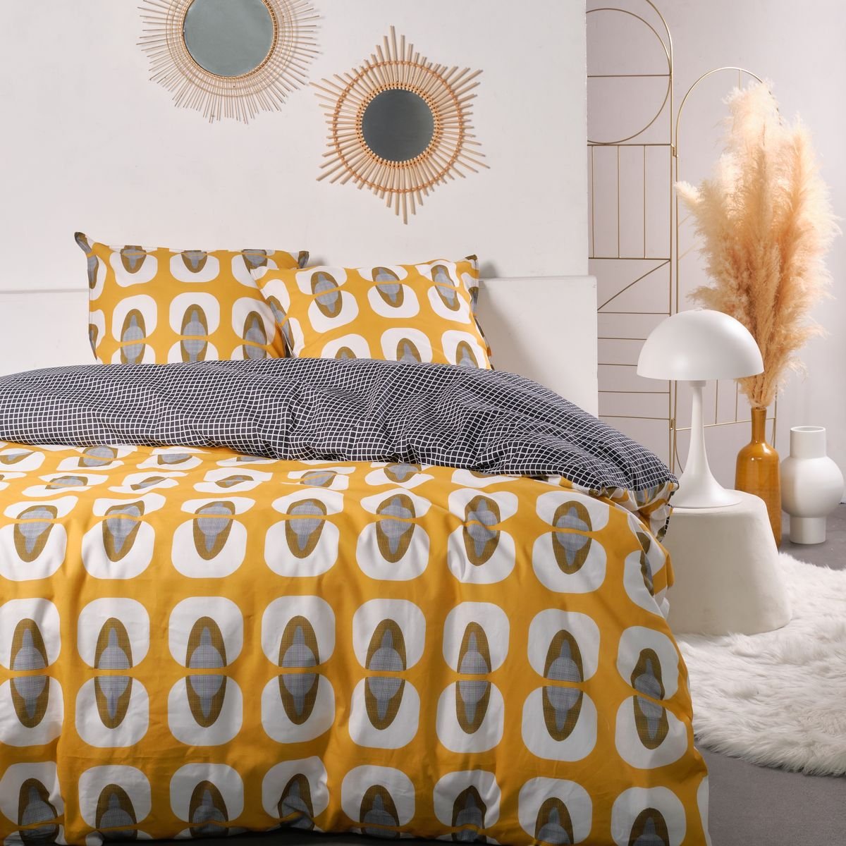 Parure de lit imprimé ethnique coton SUNSHINE CELESTE jaune, TODAY