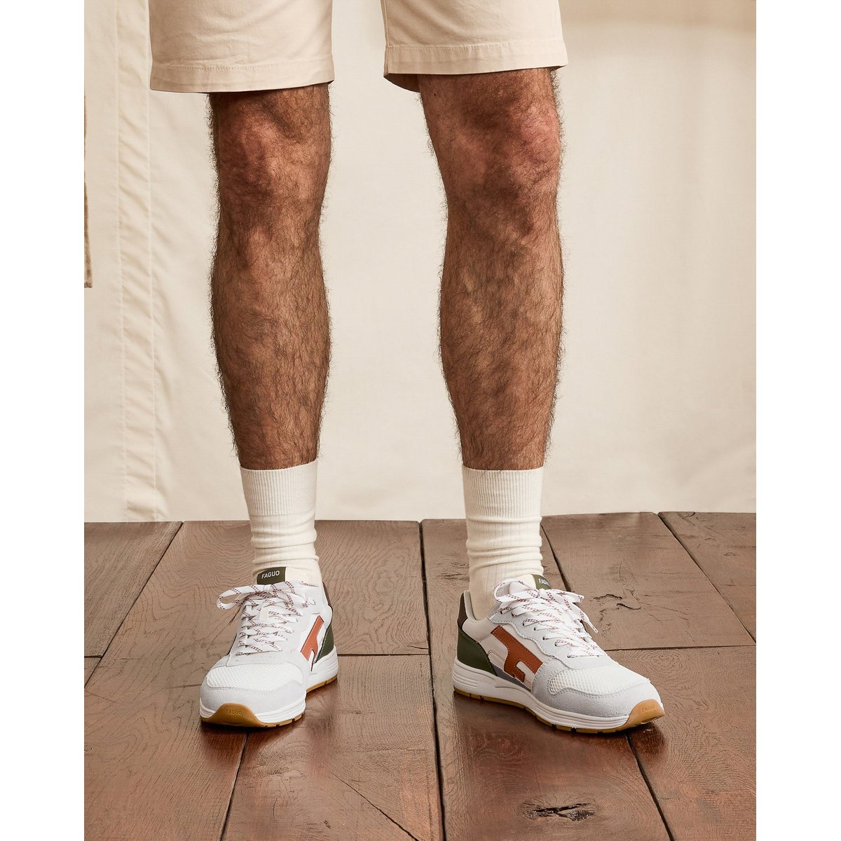 Running tissu suede OLIVE blanc et terracotta et kaki, FAGUO