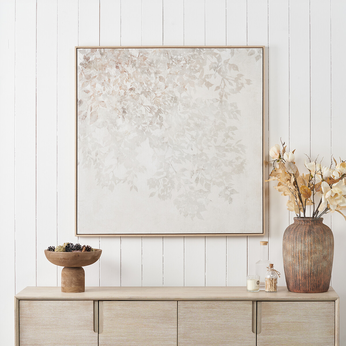 100cm White and Natural Floral Square Canvas with Natural Frame natural/white, ÉDITÉ