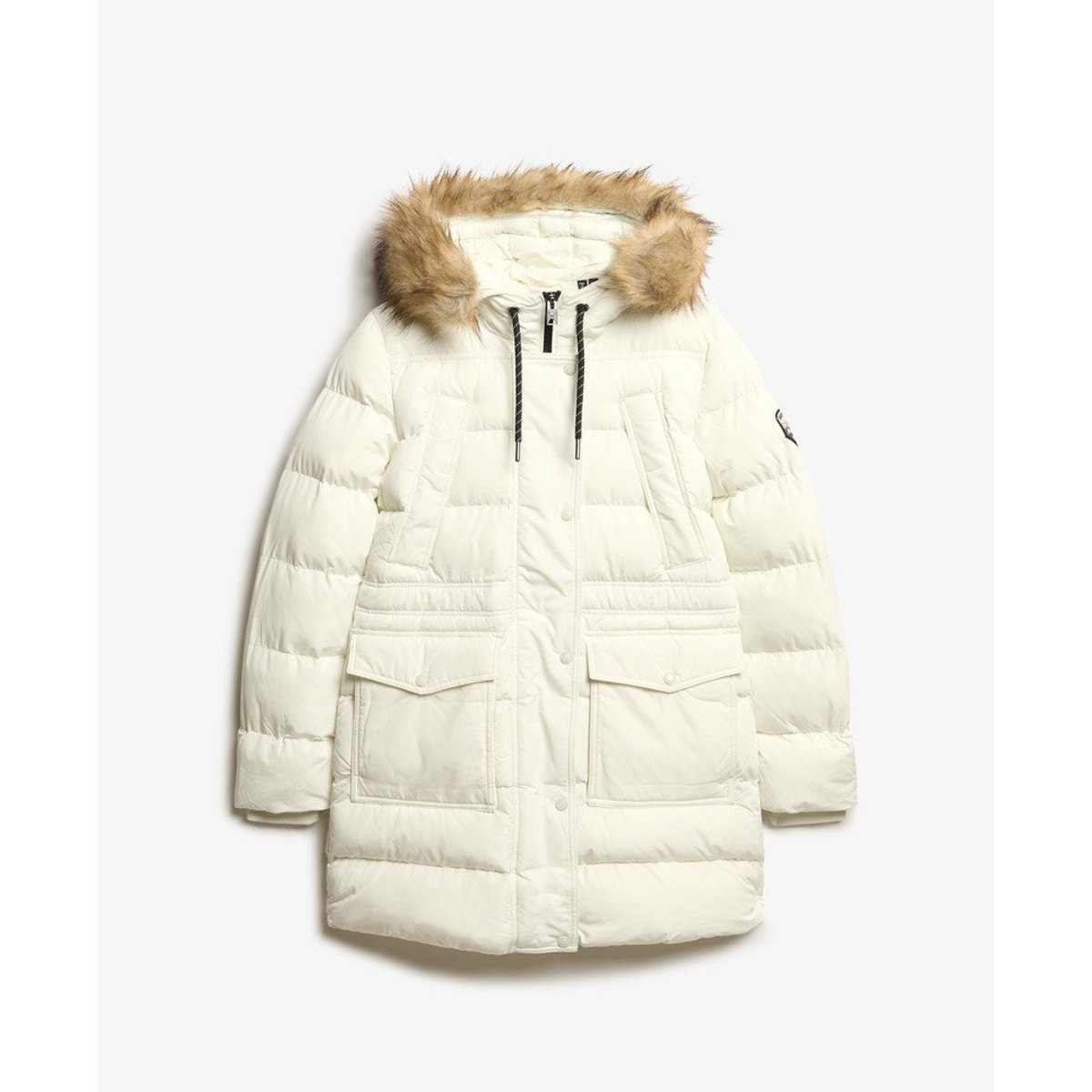 Doudoune mi-longue en imitation fourrure Everest blanc cassé, SUPERDRY