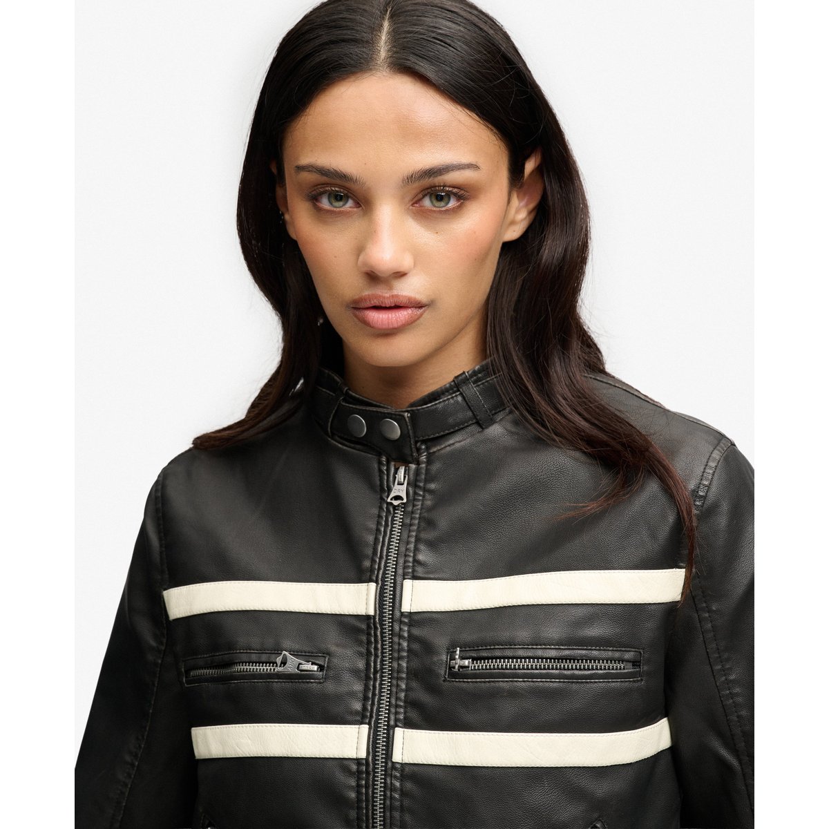 Veste en Simili Cuir Moto noir délavé/blanc cassé, SUPERDRY